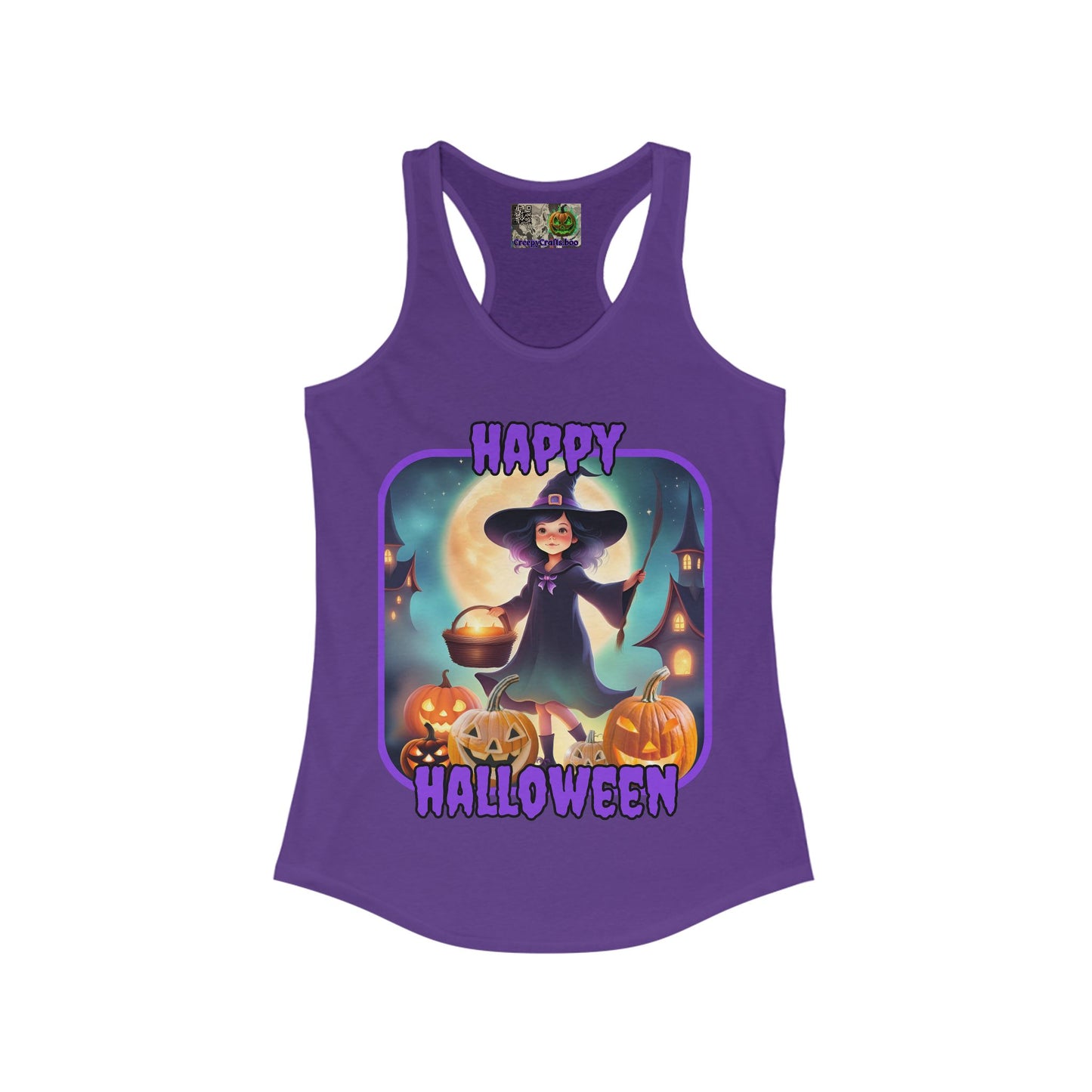 Happy Halloween Little Witch Purple font Women's Racerback Tank Top by CreepyCrafts.boo