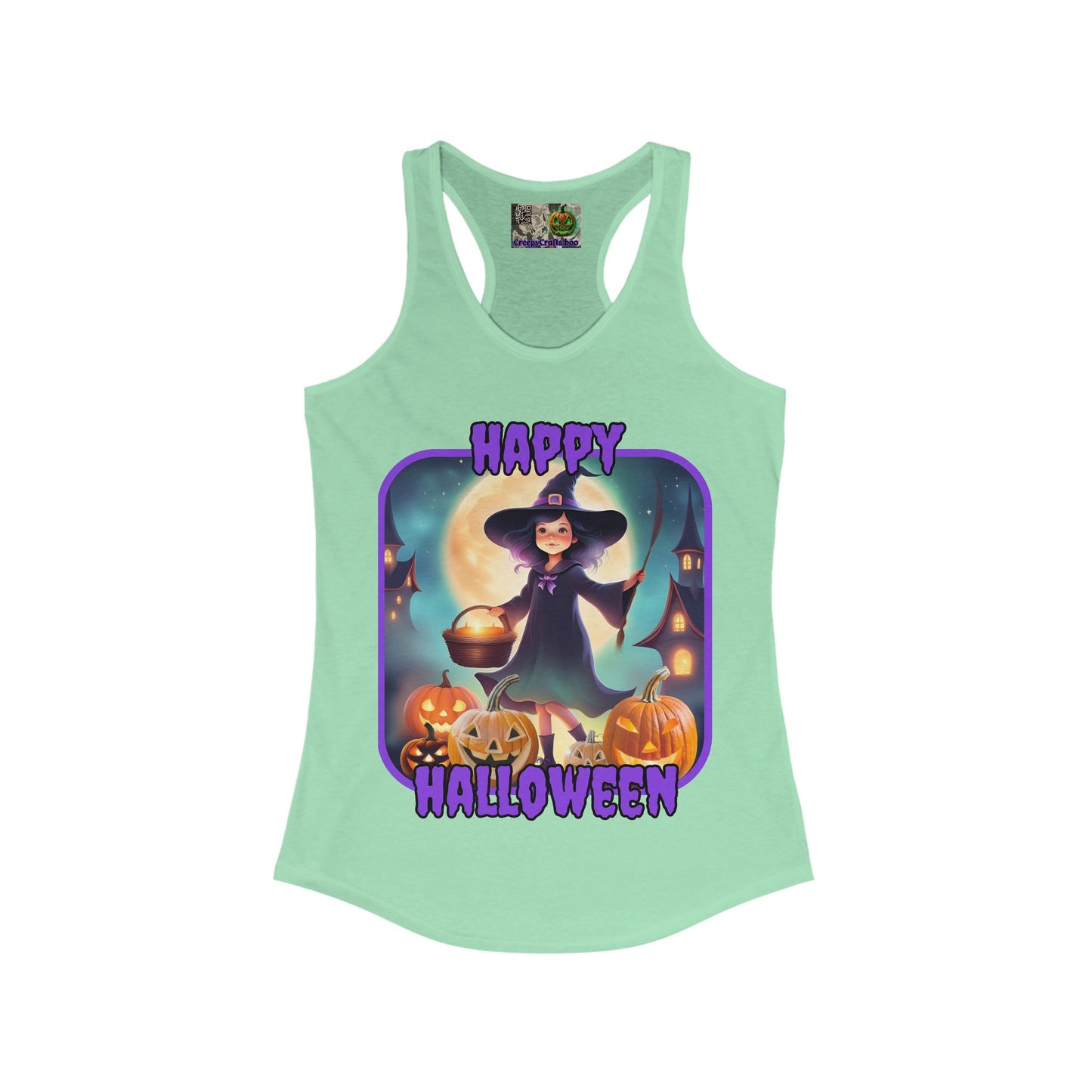 Happy Halloween Little Witch Purple font Women's Racerback Tank Top by CreepyCrafts.boo