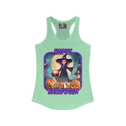 Happy Halloween Little Witch Purple font Women's Racerback Tank Top by CreepyCrafts.boo