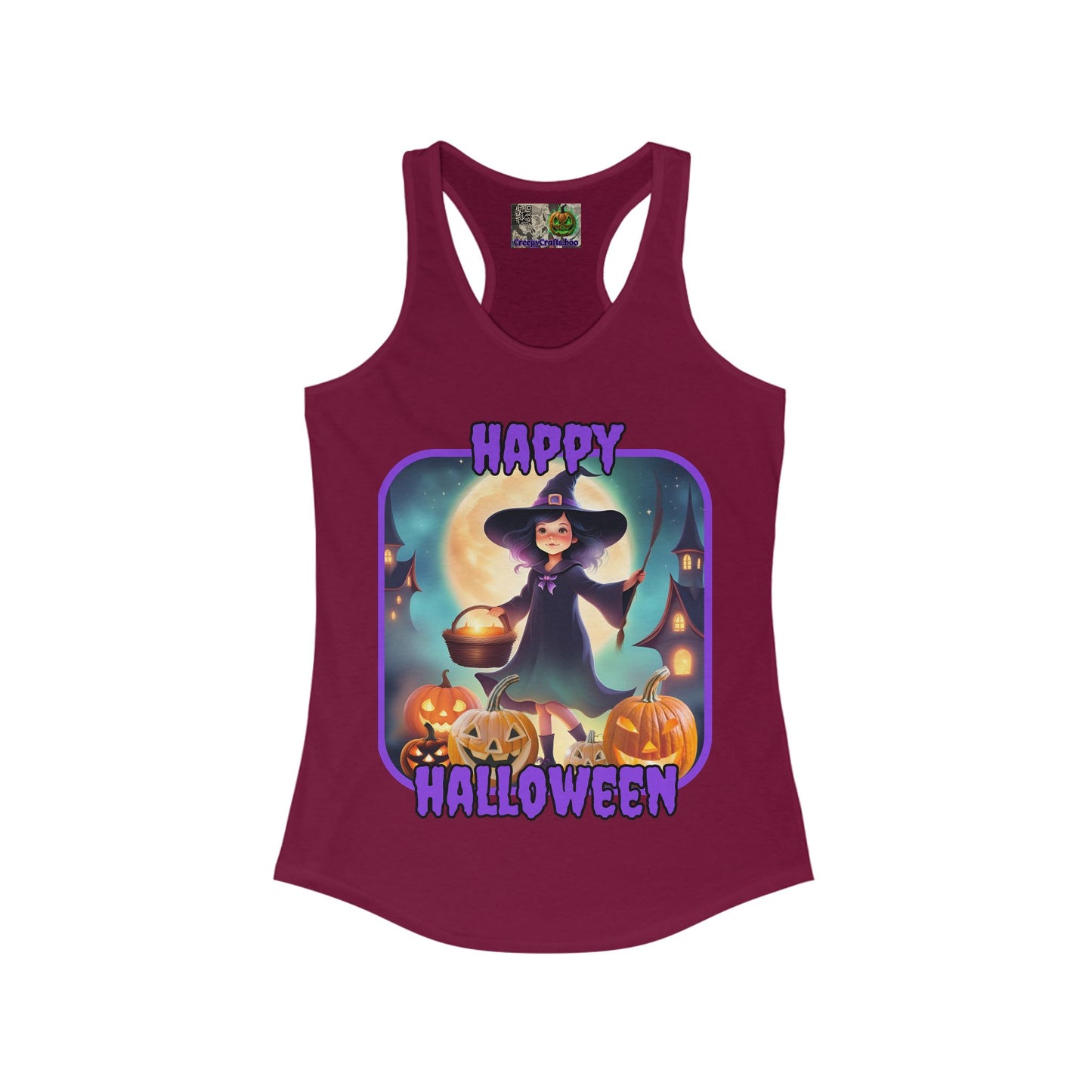 Happy Halloween Little Witch Purple font Women's Racerback Tank Top by CreepyCrafts.boo