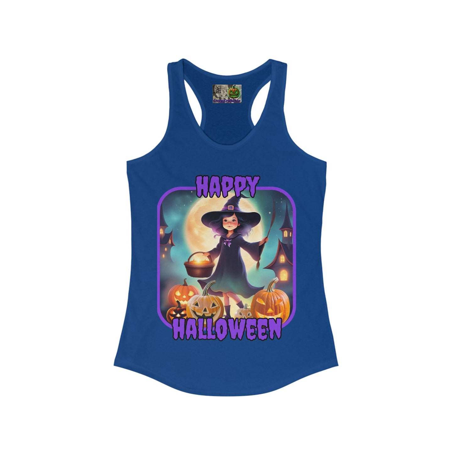 Happy Halloween Little Witch Purple font Women's Racerback Tank Top by CreepyCrafts.boo