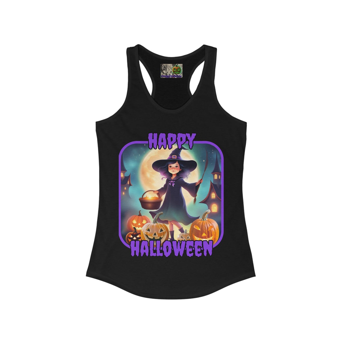 Happy Halloween Little Witch Purple font Women's Racerback Tank Top by CreepyCrafts.boo