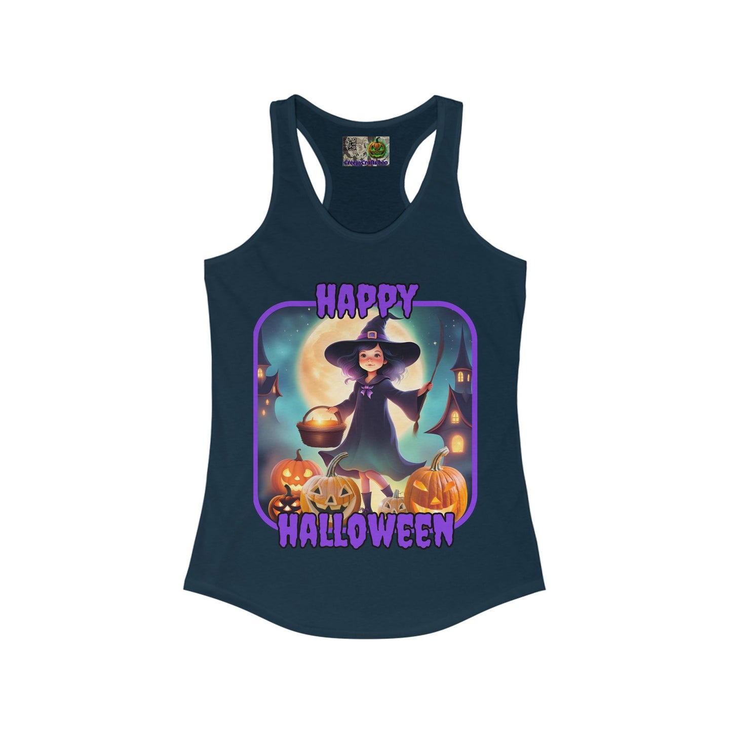 Happy Halloween Little Witch Purple font Women's Racerback Tank Top by CreepyCrafts.boo