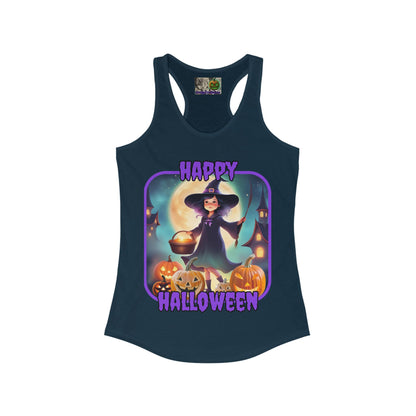 Happy Halloween Little Witch Purple font Women's Racerback Tank Top by CreepyCrafts.boo