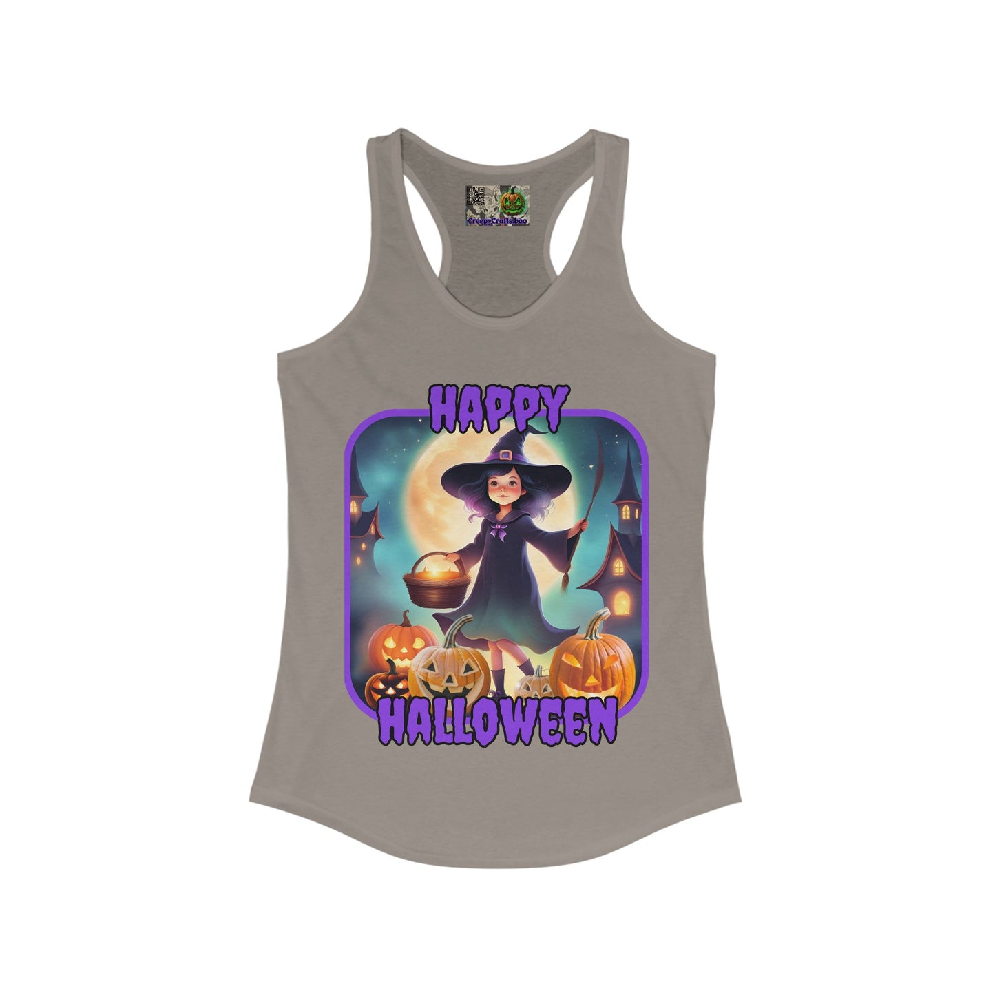 Happy Halloween Little Witch Purple font Women's Racerback Tank Top by CreepyCrafts.boo