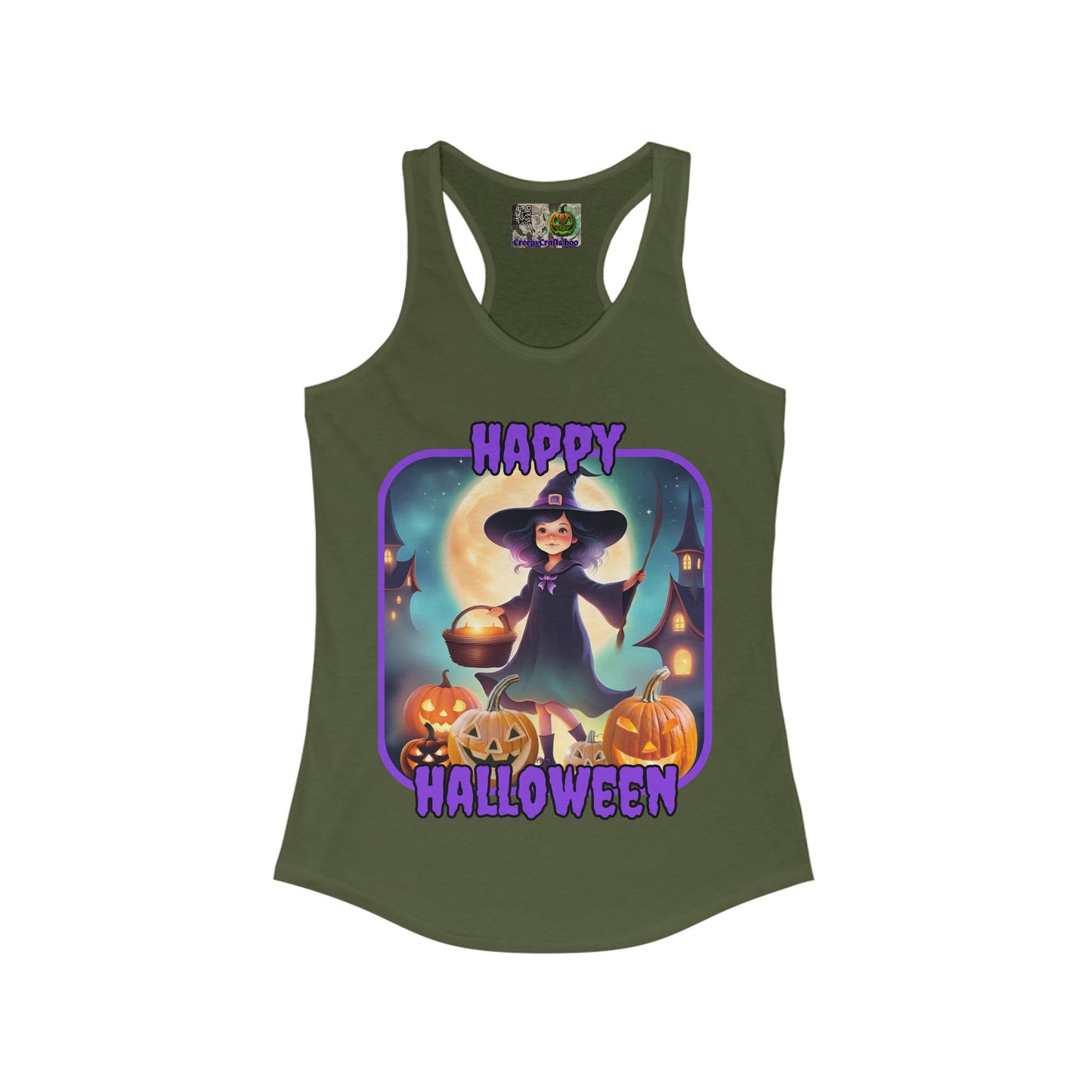 Happy Halloween Little Witch Purple font Women's Racerback Tank Top by CreepyCrafts.boo
