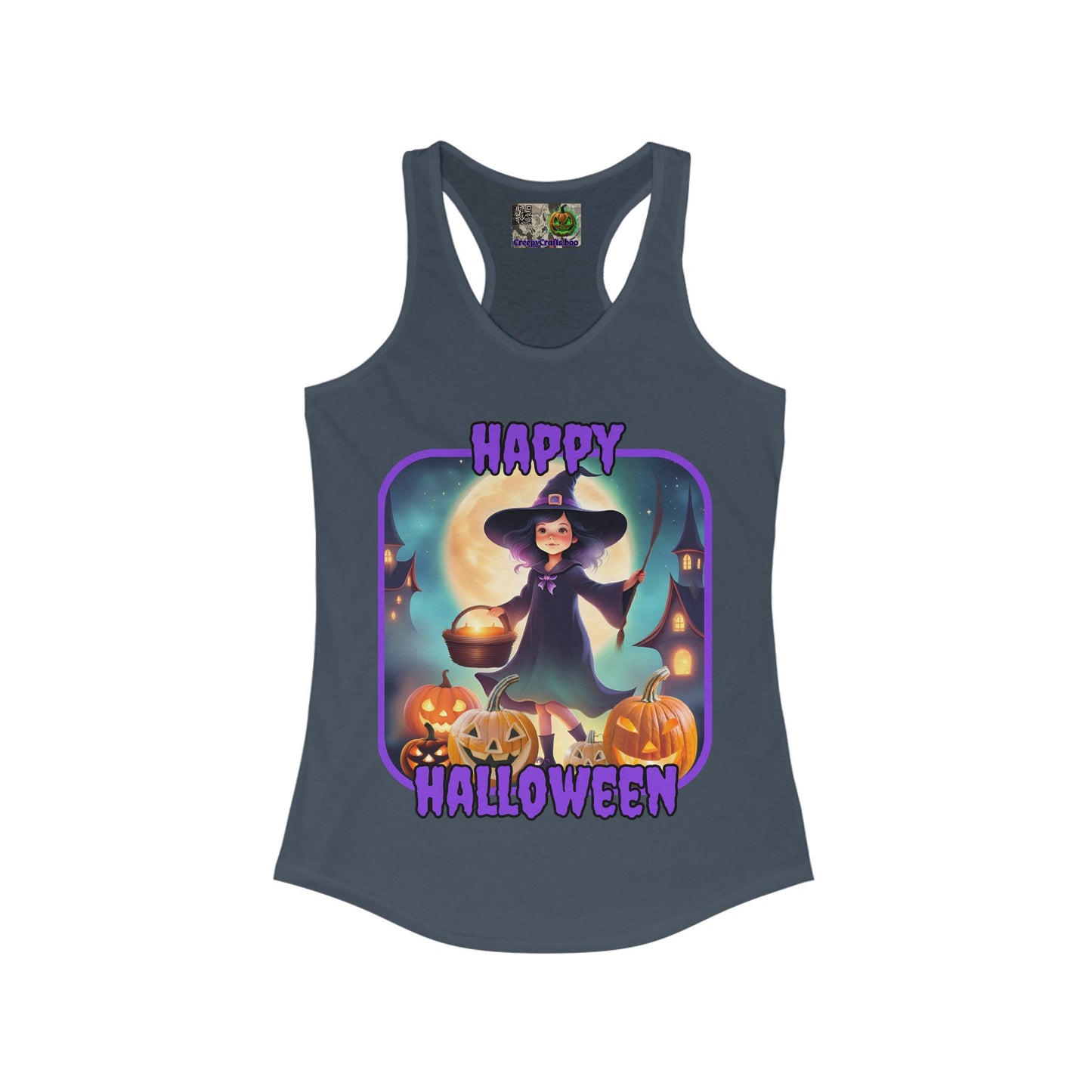 Happy Halloween Little Witch Purple font Women's Racerback Tank Top by CreepyCrafts.boo