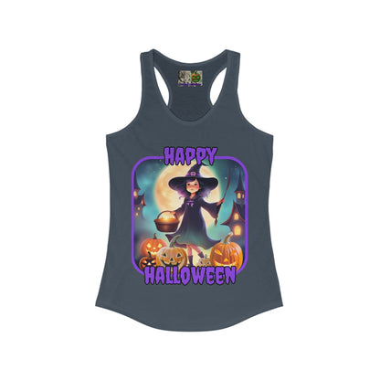 Happy Halloween Little Witch Purple font Women's Racerback Tank Top by CreepyCrafts.boo