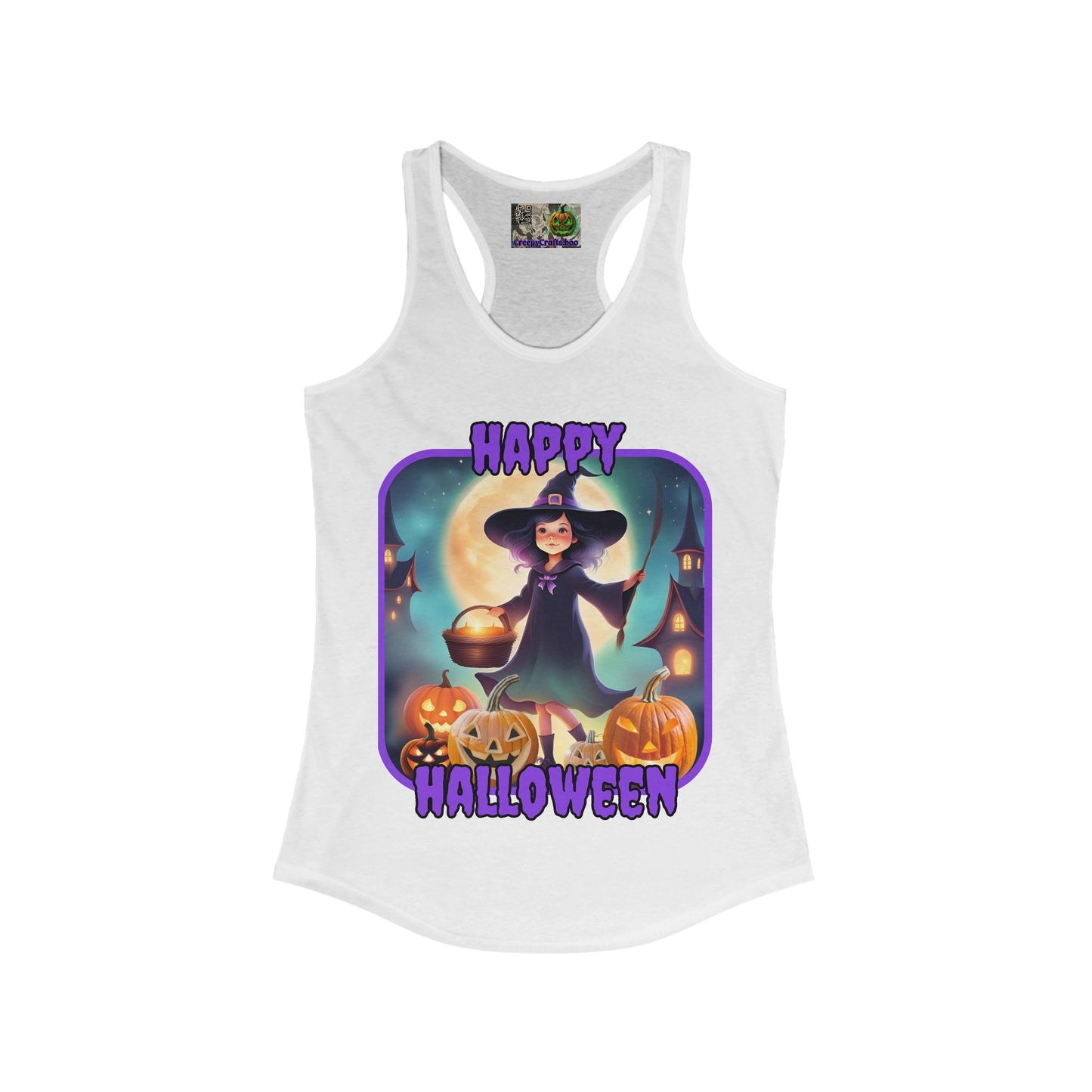 Happy Halloween Little Witch Purple font Women's Racerback Tank Top by CreepyCrafts.boo