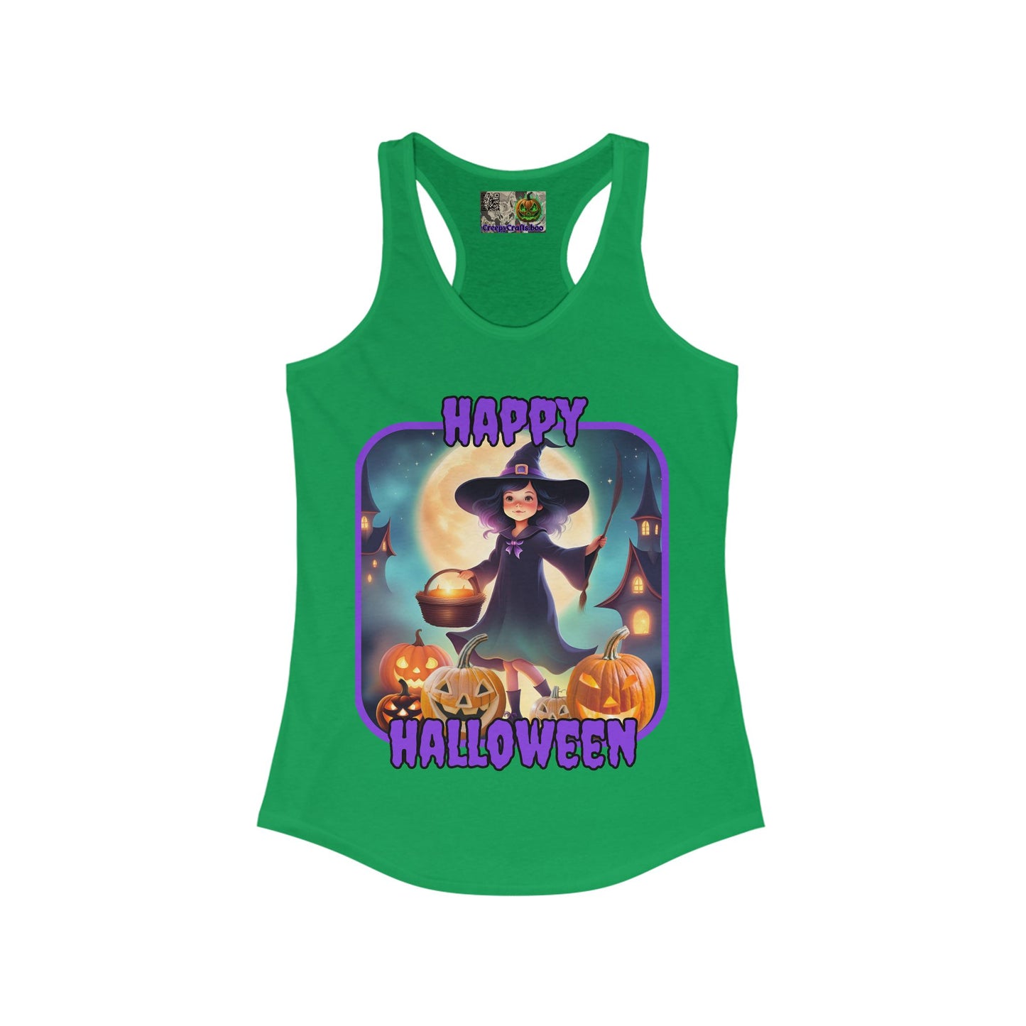Happy Halloween Little Witch Purple font Women's Racerback Tank Top by CreepyCrafts.boo