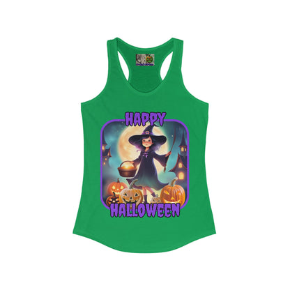Happy Halloween Little Witch Purple font Women's Racerback Tank Top by CreepyCrafts.boo