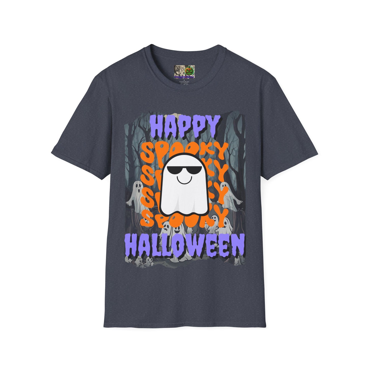 Spooky Happy Halloween Ghost Dark colors Purple font Unisex T-Shirt by CreepyCrafts.boo