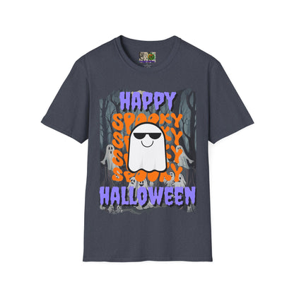 Spooky Happy Halloween Ghost Dark colors Purple font Unisex T-Shirt by CreepyCrafts.boo