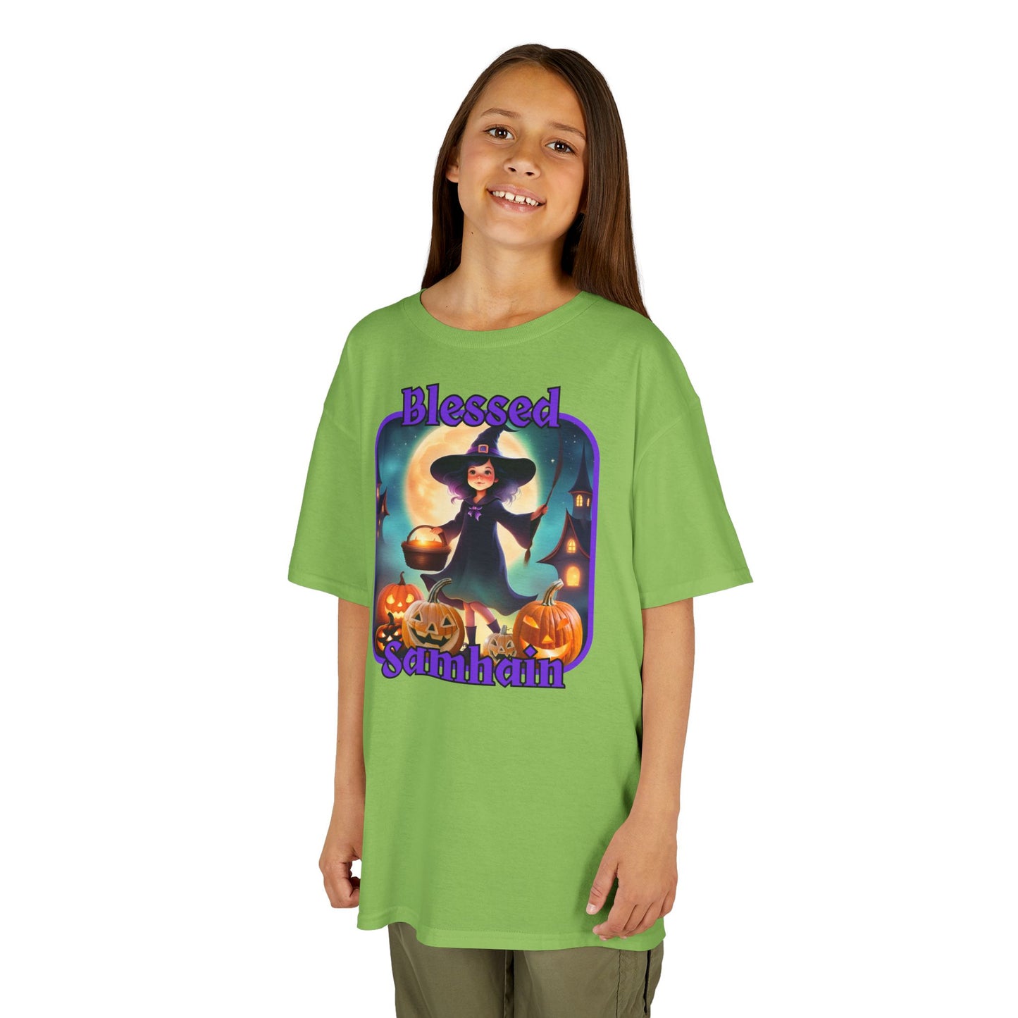 Blessed Samhain Little Witch Purple font Kids Heavy Cotton™ Tee by CreepyCrafts.boo