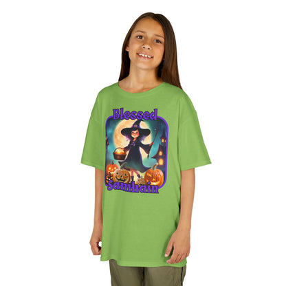 Blessed Samhain Little Witch Purple font Kids Heavy Cotton™ Tee by CreepyCrafts.boo