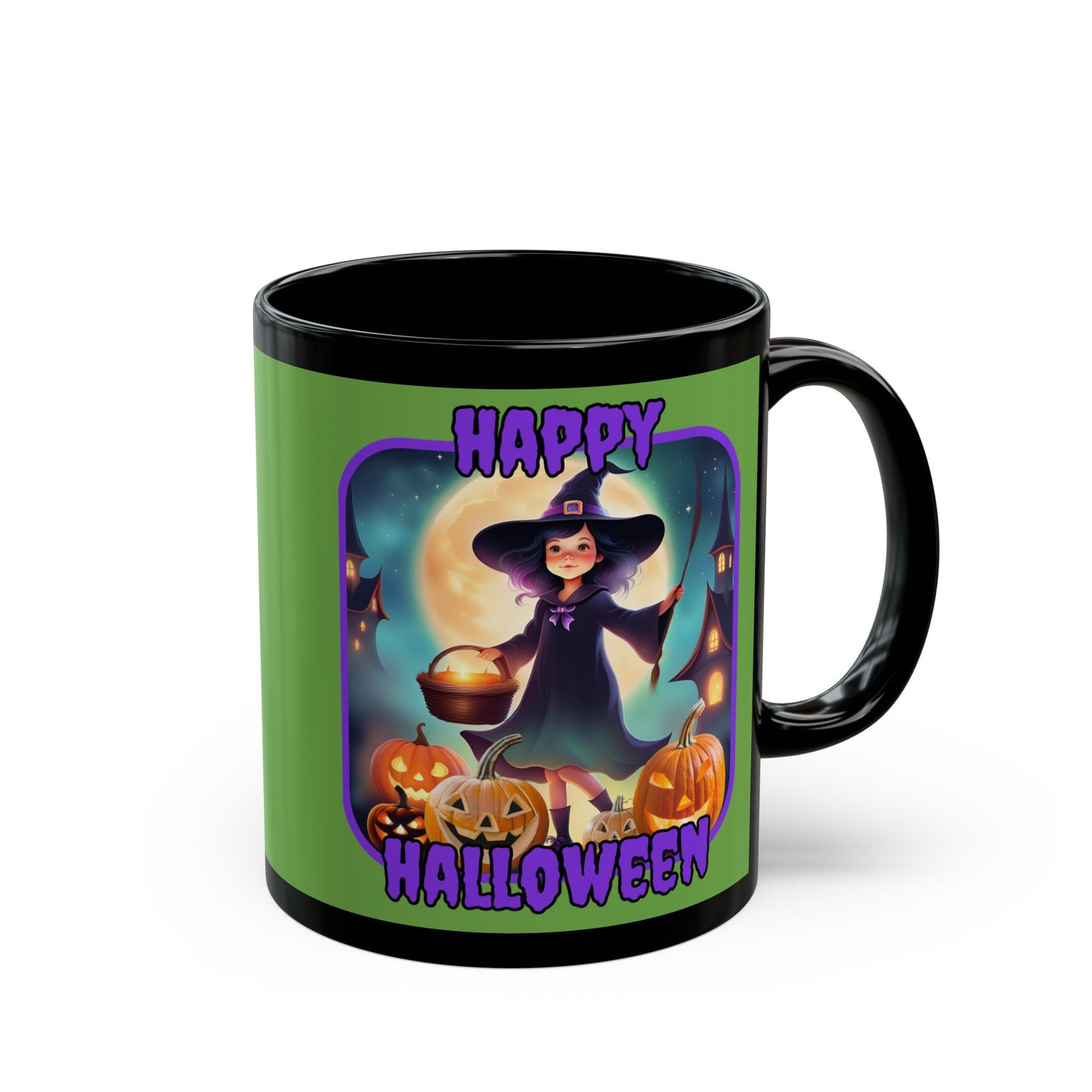 Happy Halloween Little Witch Purple font Green Mug by CreepyCrafts.boo