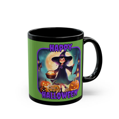 Happy Halloween Little Witch Purple font Green Mug by CreepyCrafts.boo