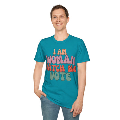 2-sided I Am Woman Watch Me Vote DKcolors Unisex T-Shirt by cypherpunkgear