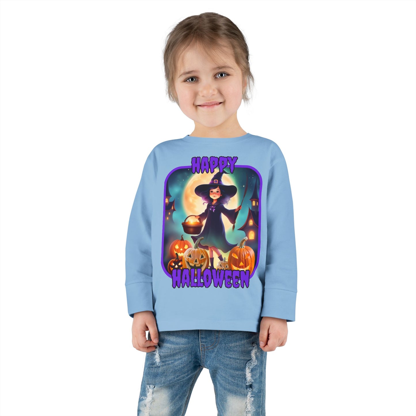Happy Halloween Little Witch Purple font Toddler Long Sleeve Tee by CreepyCrafts.boo