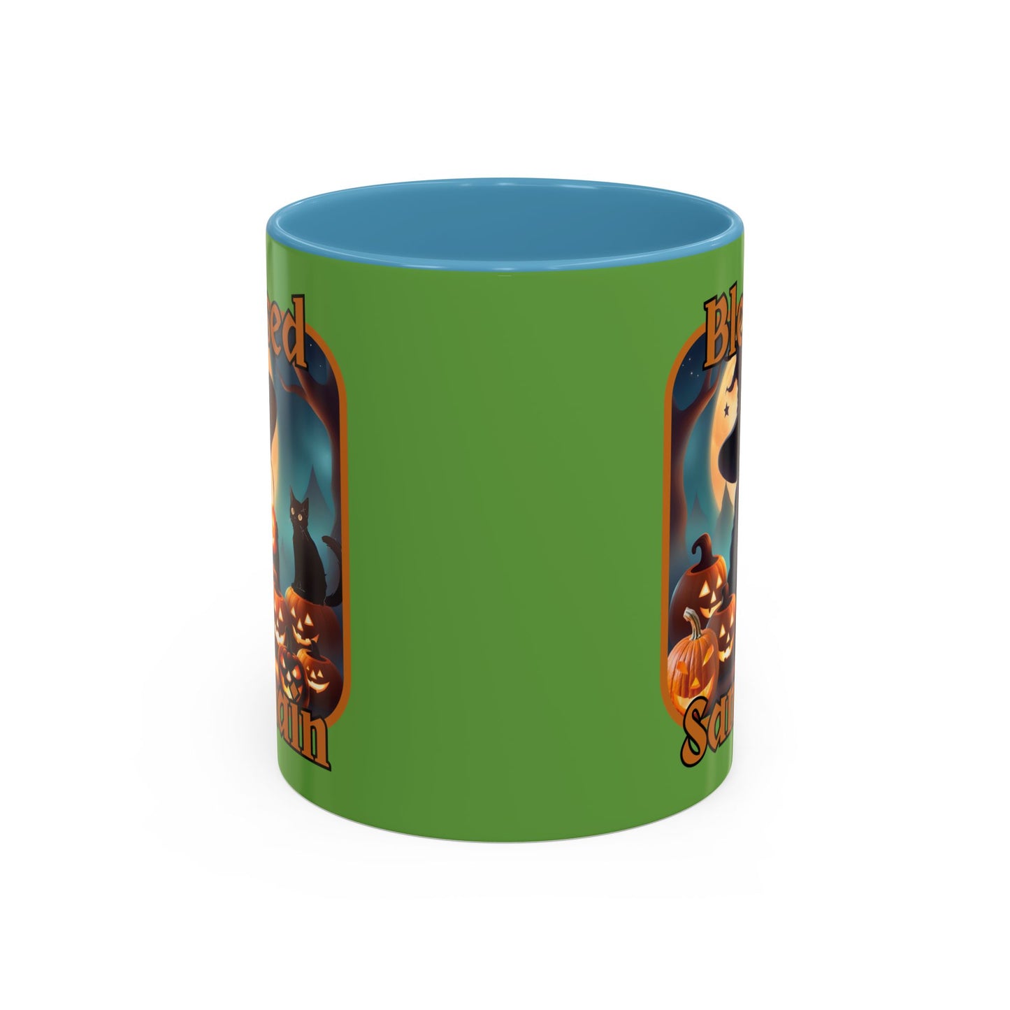 Blessed Samhain Cute Witch Orange font Green Accent Mug by CreepyCrafts.boo