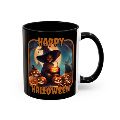 Happy Halloween Cute Witch Orange font Black Accent Mug by CreepyCrafts.boo