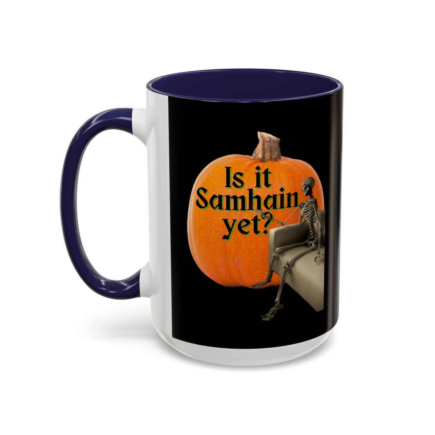 Is It Samhain Yet? Skeleton's Giant Pumpkin Black Accent Mug by CreepyCrafts.boo