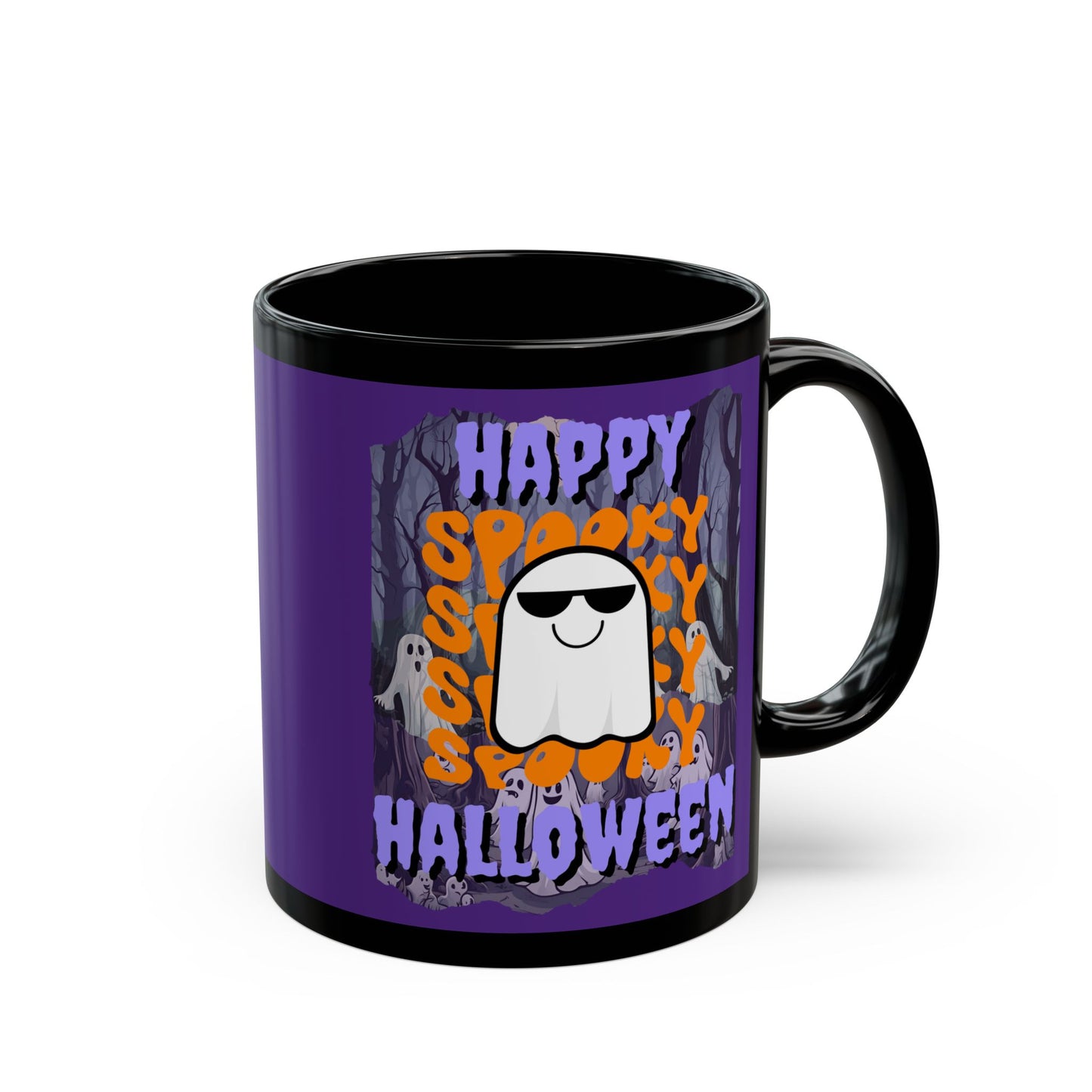 Spooky Happy Halloween Ghost Purple font Purple Mug by CreepyCrafts.boo
