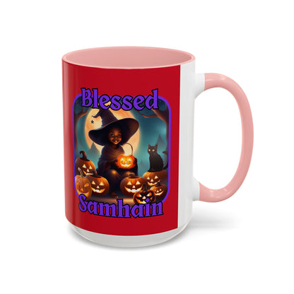 Blessed Samhain Cute Witch Purple font Red Accent Mug by CreepyCrafts.boo