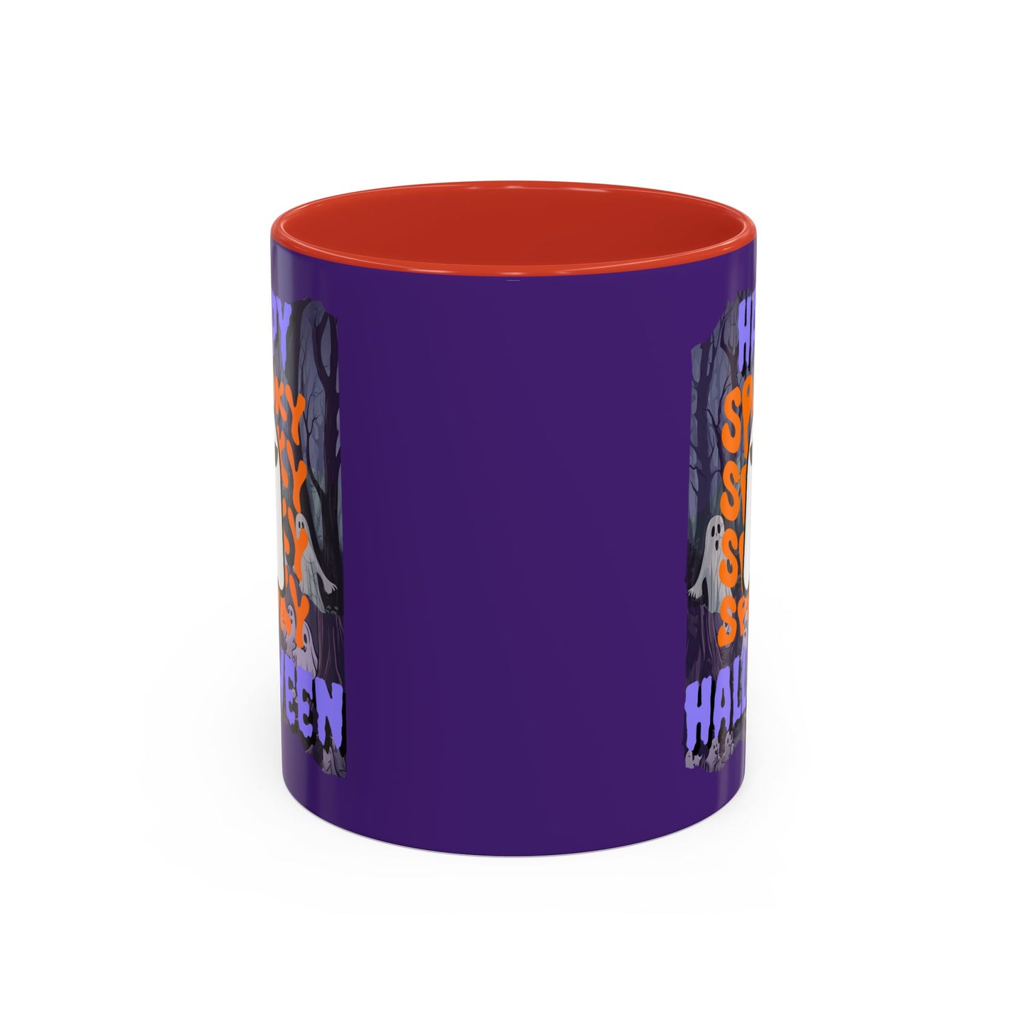 Spooky Happy Halloween Ghost Purple font Purple Accent Mug by CreepyCrafts.boo
