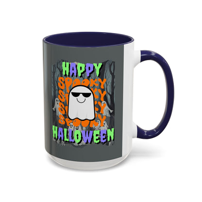Spooky Happy Halloween Ghost Mixed font Grey Accent Mug by CreepyCrafts.boo