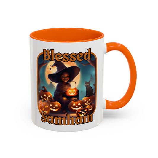 Blessed Samhain Cute Witch Orange font White Accent Mug by CreepyCrafts.boo