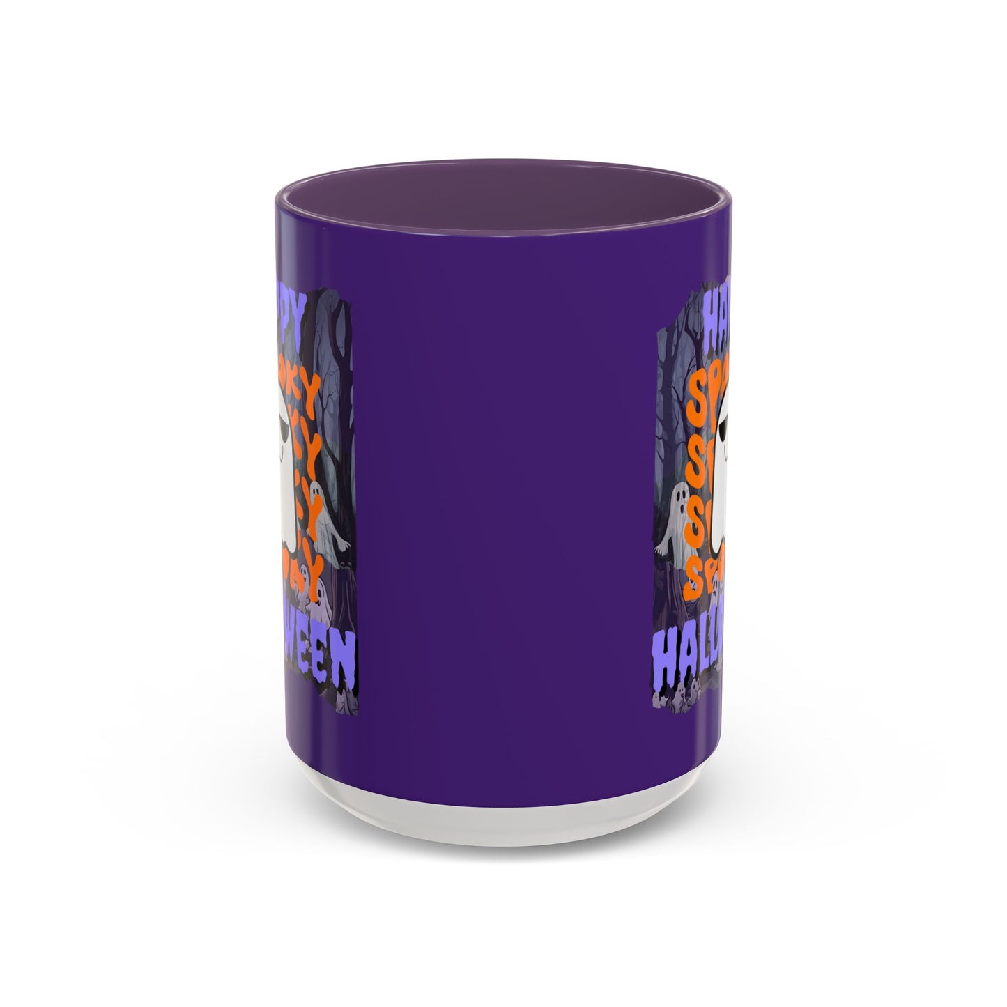 Spooky Happy Halloween Ghost Purple font Purple Accent Mug by CreepyCrafts.boo