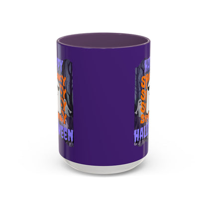 Spooky Happy Halloween Ghost Purple font Purple Accent Mug by CreepyCrafts.boo