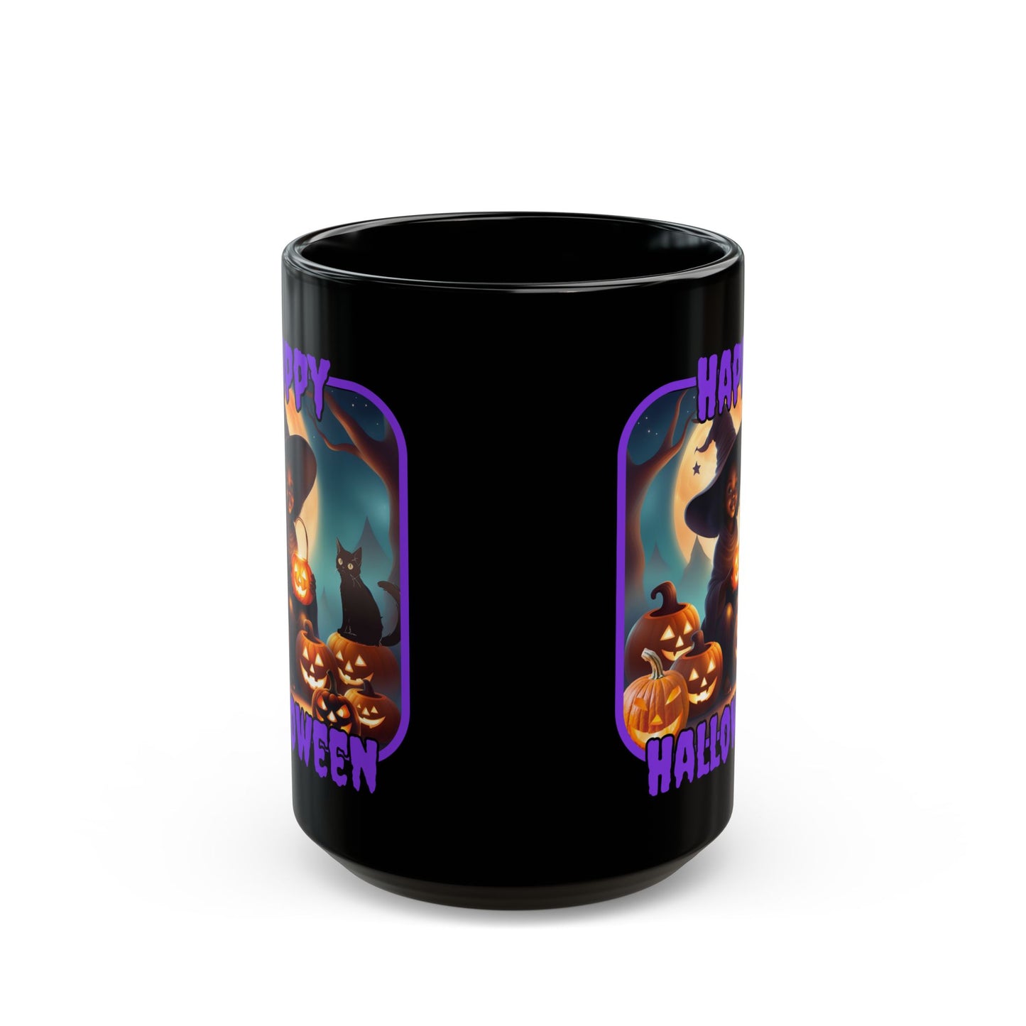 Happy Halloween Cute Witch Purple font Black Mug by CreepyCrafts.boo