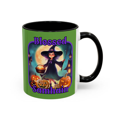 Blessed Samhain Little Witch Purple font Green Accent Mug by CreepyCrafts.boo