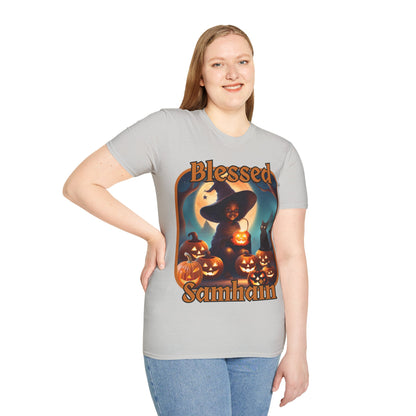 Blessed Samhain Cute Witch Orange font Light colors Unisex T-Shirt by CreepyCrafts.boo