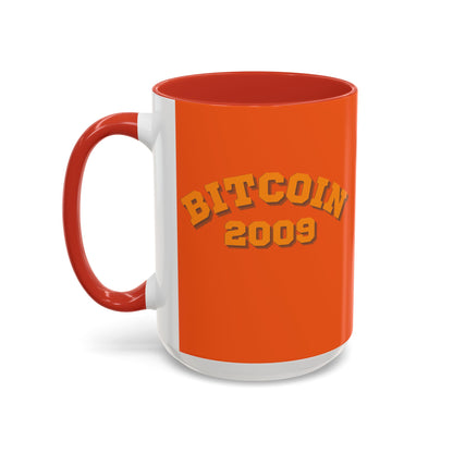 Bitcoin 2009 Orange Accent Mug by cypherpunkgear.com
