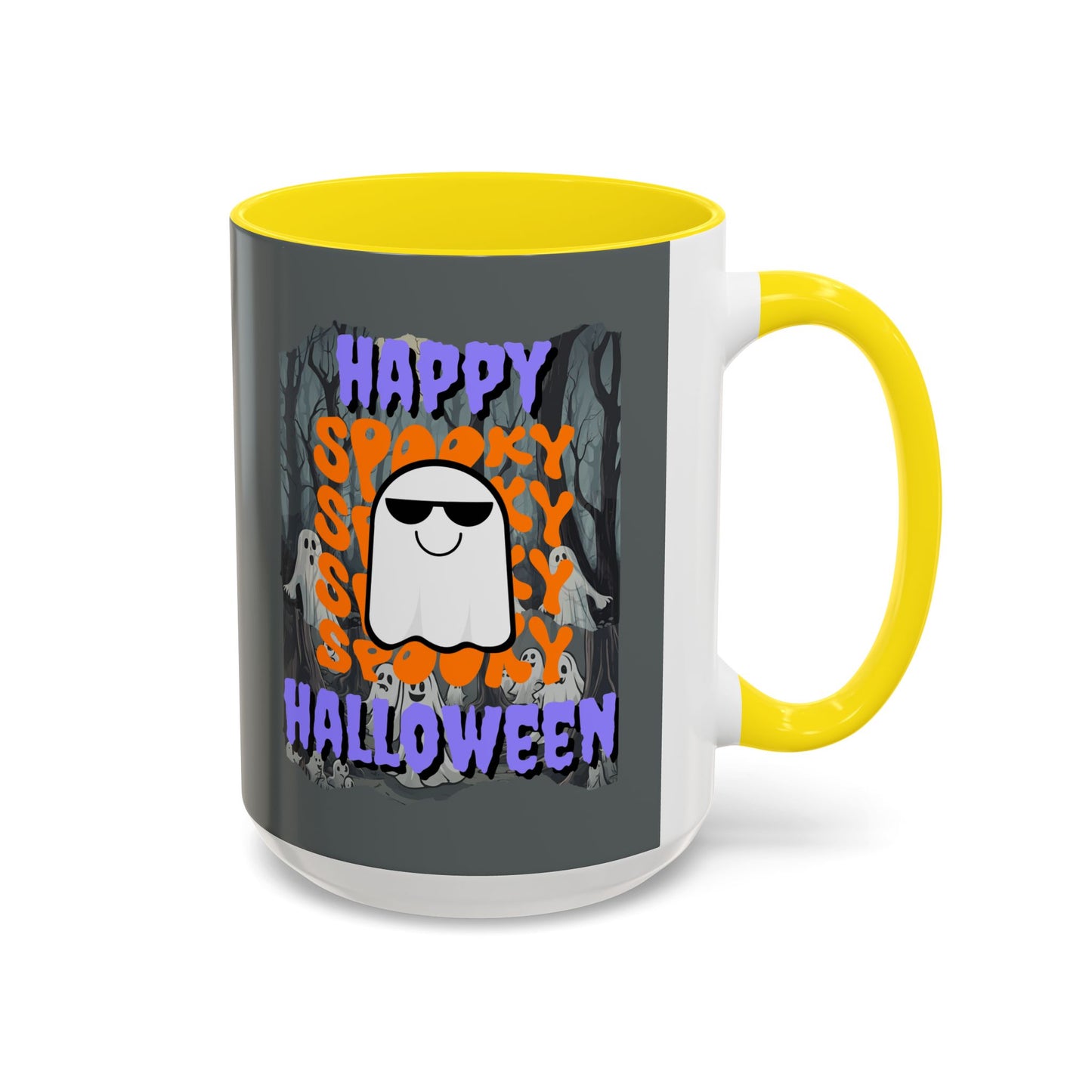 Spooky Happy Halloween Ghost Purple font Grey Accent Mug by CreepyCrafts.boo