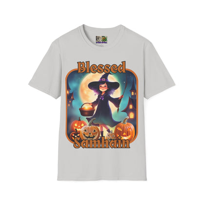 Blessed Samhain Little Witch Orange font Light colors Unisex T-Shirt by CreepyCrafts.boo