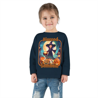 Blessed Samhain Little Witch Orange font Toddler Long Sleeve Tee by CreepyCrafts.boo
