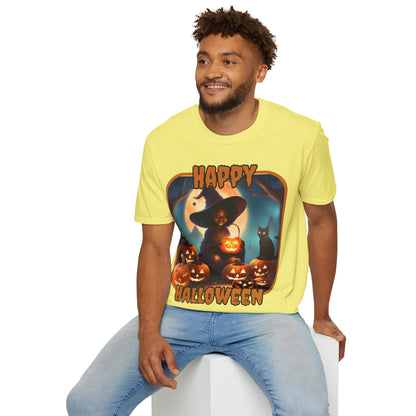 Happy Halloween Cute Witch Orange font, Light colors, Unisex T-Shirt by CreepyCrafts.boo