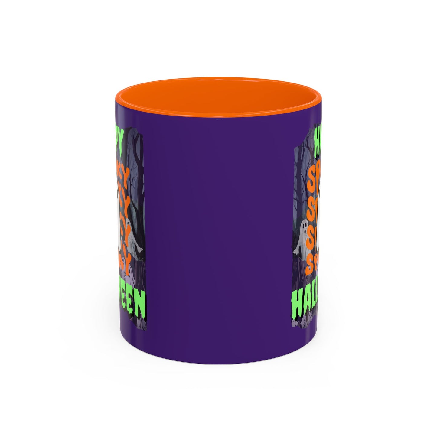 Spooky Happy Halloween Ghost Green font Purple Accent Mug by CreepyCrafts.boo