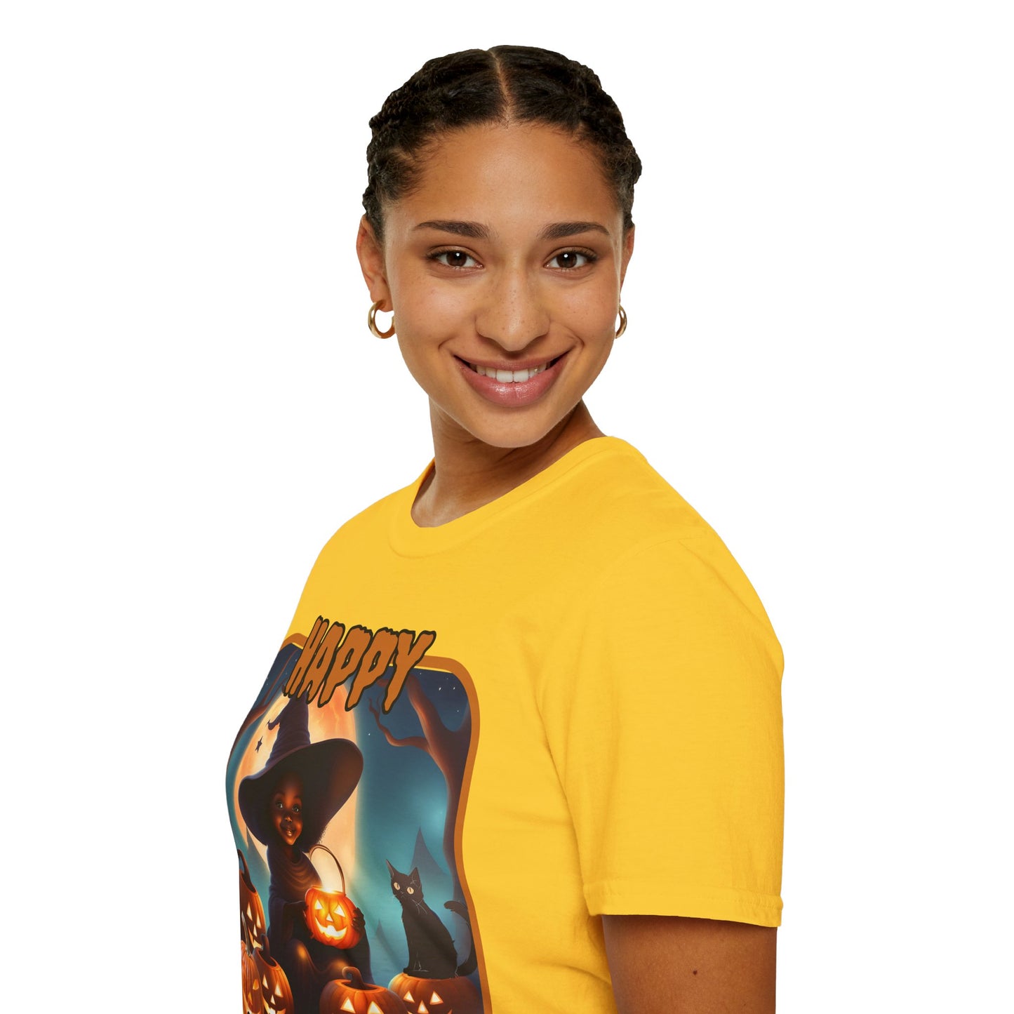 Happy Halloween Cute Witch Orange font, Light colors, Unisex T-Shirt by CreepyCrafts.boo