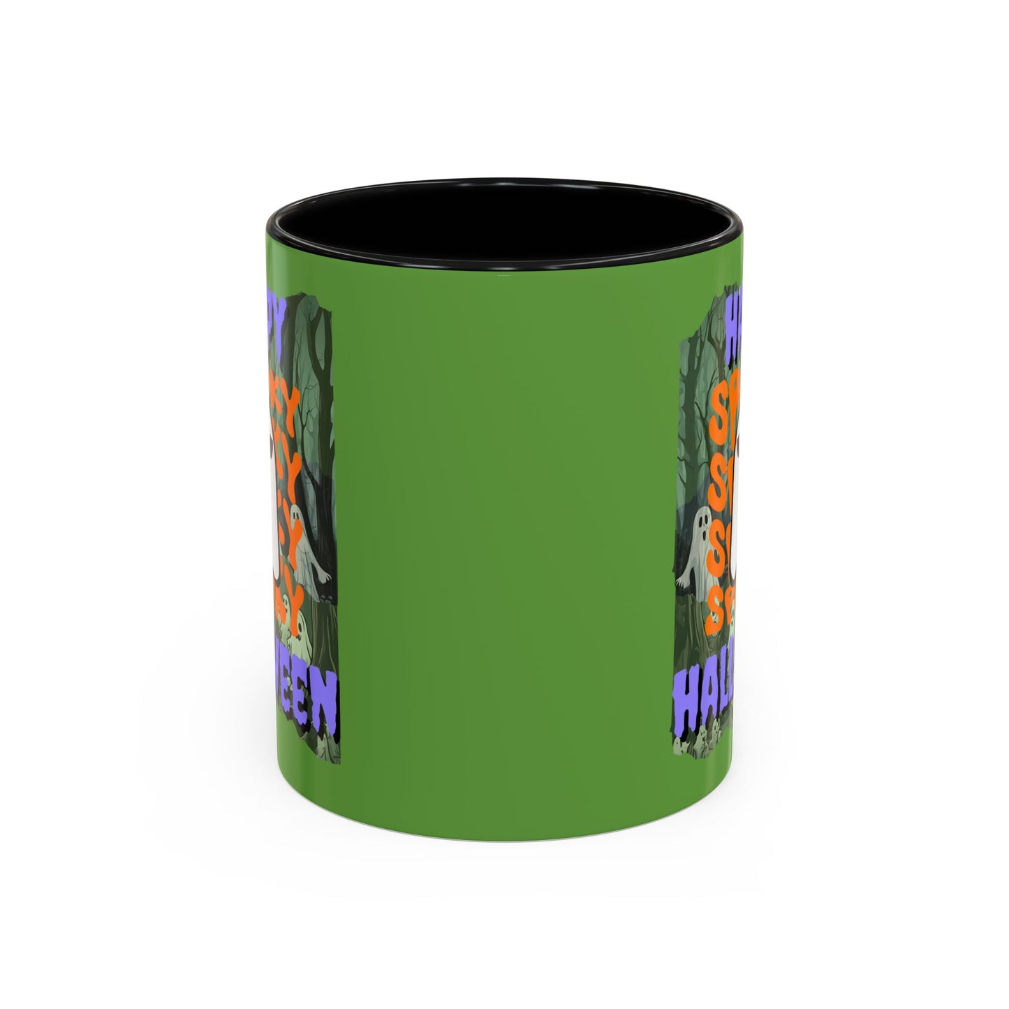 Spooky Happy Halloween Ghost Purple font Green Accent Mug by CreepyCrafts.boo