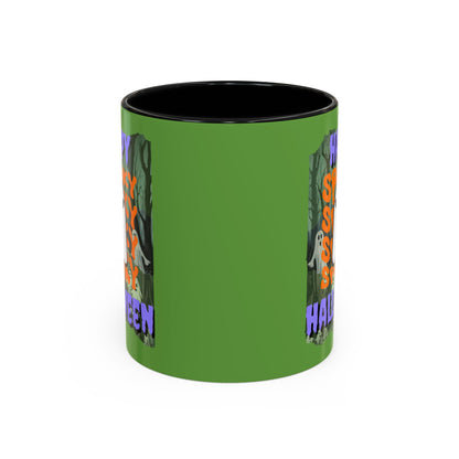 Spooky Happy Halloween Ghost Purple font Green Accent Mug by CreepyCrafts.boo