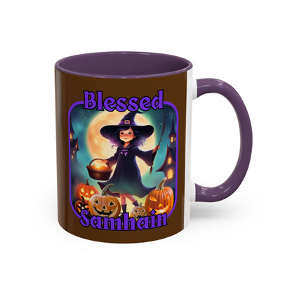Blessed Samhain Little Witch Purple font Brown Accent Mug by CreepyCrafts.boo
