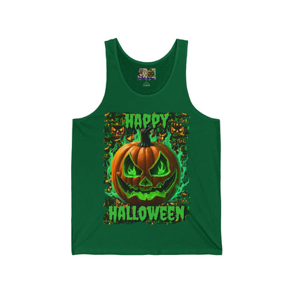 Happy Halloween Green Jack Unisex Jersey Tank Top by CreepyCrafts.boo