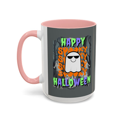 Spooky Happy Halloween Ghost Mixed font Grey Accent Mug by CreepyCrafts.boo