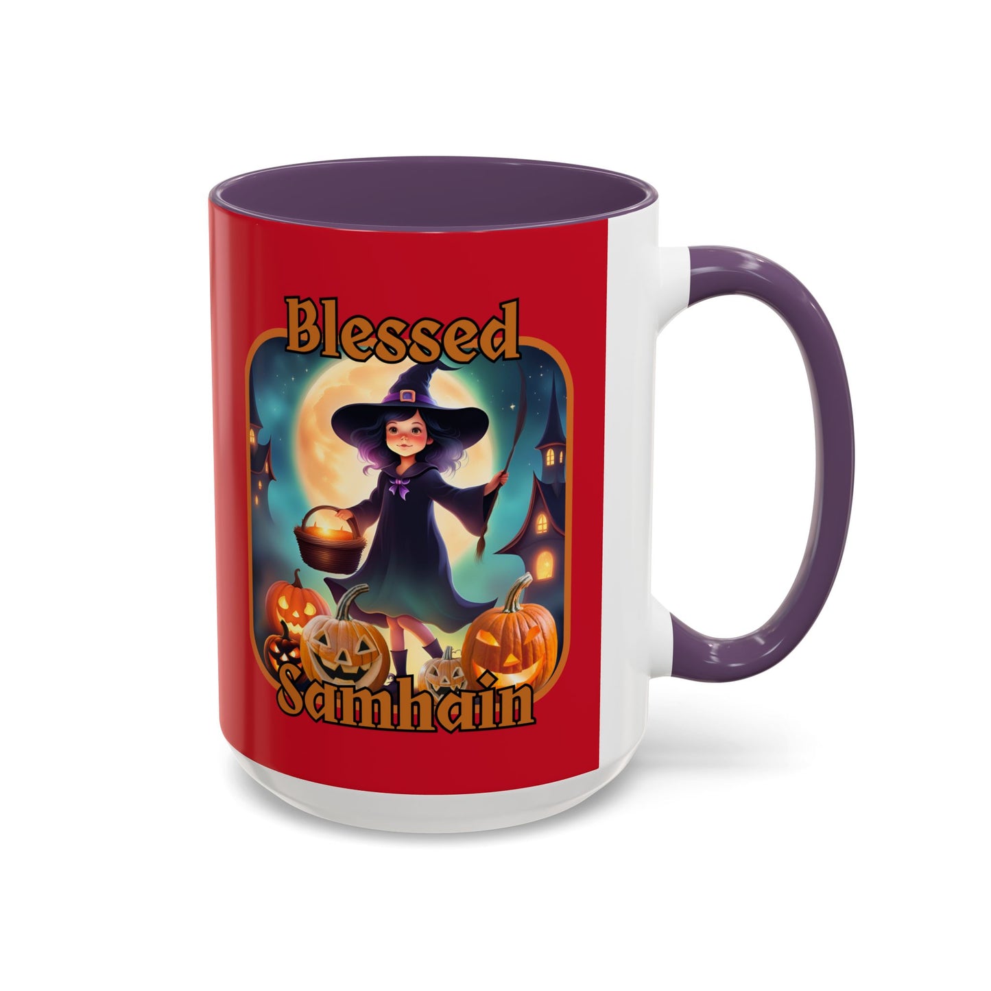 Blessed Samhain Little Witch Orange font Red Accent Mug by CreepyCrafts.boo