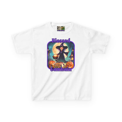 Blessed Samhain Little Witch Purple font Kids Heavy Cotton™ Tee by CreepyCrafts.boo